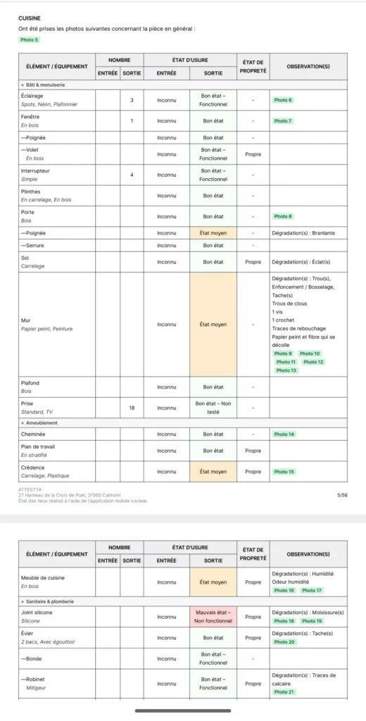 Extrait d'un rapport d'état des lieux ATTESTYA avec observations